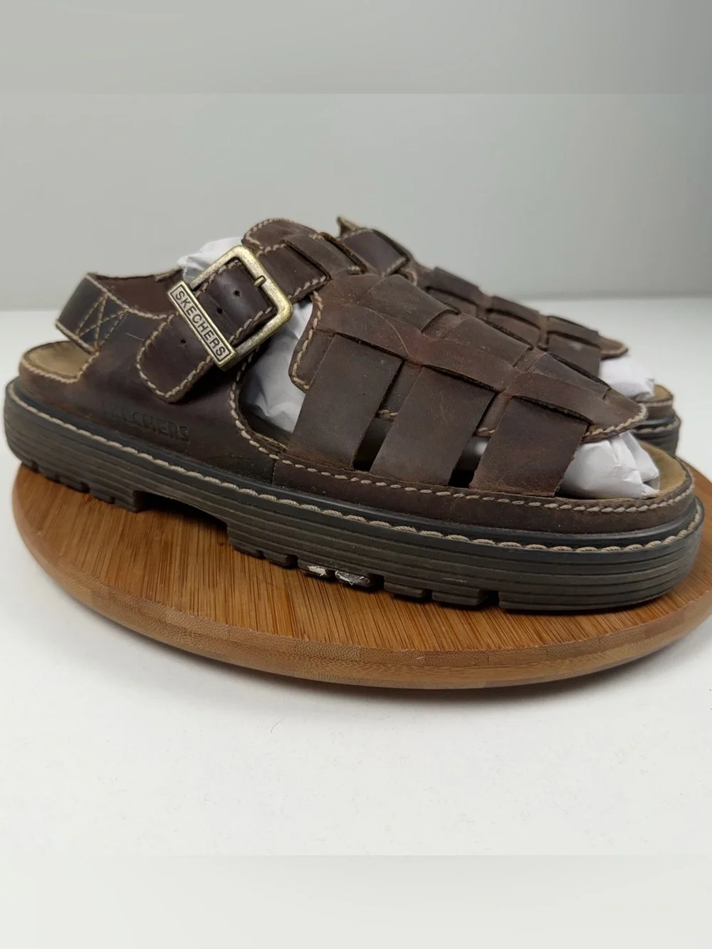 Y2K Vintage Skechers Men's Dark Brown Leather Fisherman-Style Sandals